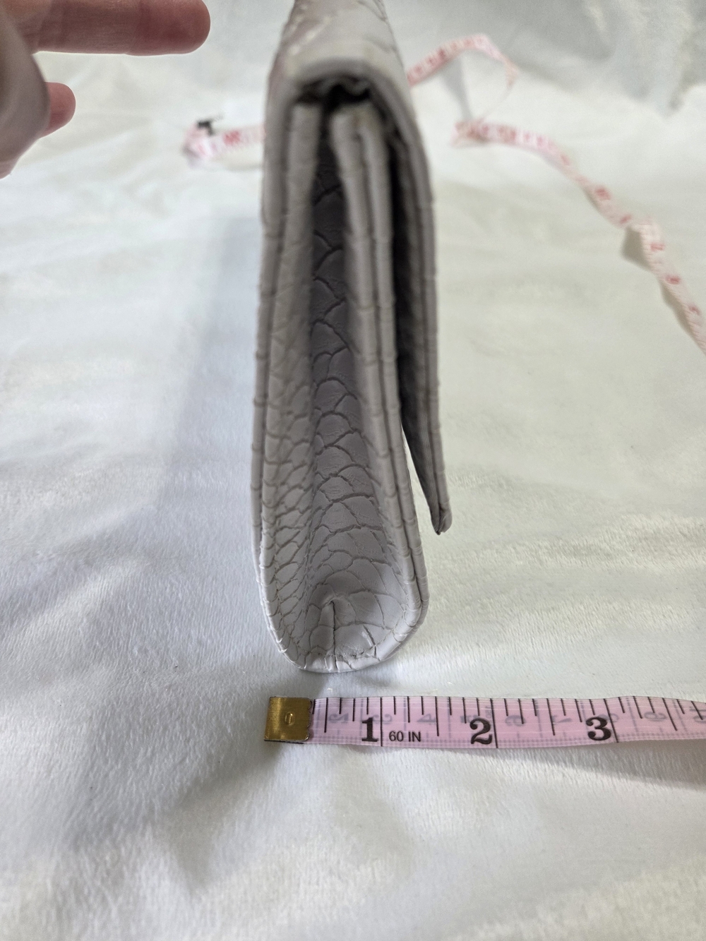 White Textured Faux-Snake Envelope Clutch with Metallic Handle Magnetic Closure - Picture 8 of 10